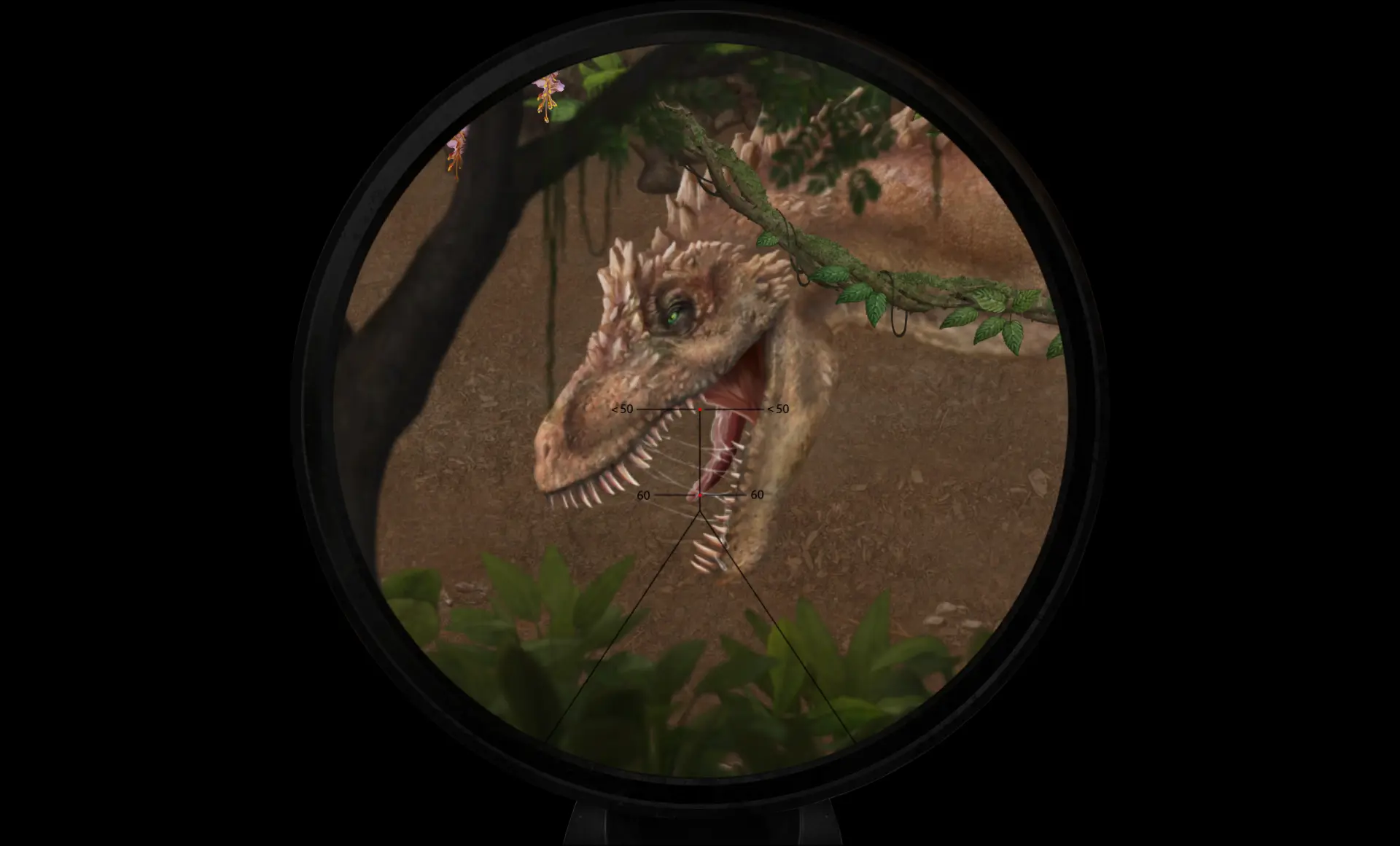 An image of a dinosaur viewed through a scope.